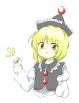  1girl blonde_hair clenched_hand closed_mouth crescent frilled_headwear grey_headwear grey_vest hat long_sleeves lunasa_prismriver nonamejd official_style short_hair simple_background smile solo touhou vest white_background yellow_eyes zun_(style) 