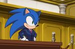  1boy ace_attorney animal_ears animal_nose blue_jacket closed_mouth commentary_request cosplay courtroom crossover furry furry_male gloves green_eyes indoors jacket korean_commentary lapel_pin male_focus necktie phoenix_wright phoenix_wright_(cosplay) red_necktie rodka_sth smile solo sonic_(series) sonic_the_hedgehog upper_body white_gloves 