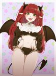  1girl 92abe1 absurdres black_panties cosplay cropped_shirt demon_girl demon_horns demon_tail demon_wings fangs frilled_panties frills green_eyes highres horns kitagawa_marin midriff navel open_mouth panties pointy_ears red_hair solo sono_bisque_doll_wa_koi_wo_suru starry_background tail underwear wings 