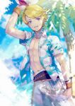  1boy albert_(romancing_saga) ball beachball blonde_hair blue_eyes cloud highres holding holding_ball holding_beachball looking_at_viewer male_focus miyama_(lacrima01) navel open_mouth outdoors palm_tree romancing_saga_minstrel_song saga signature smile solo standing tree 