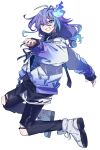  1boy blush creepyday dynamic_pose full_body gradient_hoodie hair_between_eyes happy highres holostars jumping long_hair long_sleeves looking_at_viewer male_focus midair minase_rio minase_rio_(1st_costume) multicolored_hair open_mouth pants purple_eyes purple_hair sleeves_past_wrists smile solo streaked_hair torn_clothes torn_pants two-tone_hair virtual_youtuber white_background white_footwear 