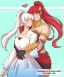  2girls bare_shoulders black_gloves blue_dress blue_eyes commission dress gloves heart highres jewelry long_sleeves multiple_girls necklace ponytail pyrrha_nikos red_hair rwby tagme twitter_username weiss_schnee white_dress white_hair yellow_nicky yuri 