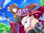  1girl breasts brown_hair cleavage closed_mouth day falling_petals flower hair_ornament hand_on_own_hip holding holding_polearm holding_weapon hyakka_ryouran_samurai_bride hyakka_ryouran_samurai_girls japanese_clothes kimono large_breasts long_hair midriff naginata navel non-web_source official_art petals polearm purple_eyes purple_flower sanada_clan_(emblem) senran_kagura senran_kagura_new_link skirt smile thighhighs tokugawa_sen tree weapon 