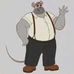 1:1 2024 4_fingers anthro belly bottomwear clothing fingers grounhounse hat headgear headwear hi_res humanoid_hands male mammal mouse murid murine overweight overweight_male pants rodent shirt simple_background smile solo suspenders topwear