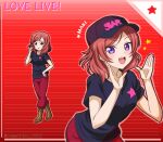  1girl :d bare_arms baseball_cap black_shirt blush boots brown_footwear character_name copyright_name floating_hair full_body hair_twirling hand_on_own_hip hat long_hair looking_at_viewer love_live! love_live!_school_idol_project nishikino_maki pants print_shirt purple_eyes purple_headwear red_background red_hair red_pants shirt short_sleeves smile solo star_(symbol) star_print striped_background swept_bangs t-shirt twitter_username upper_body yumechiku 