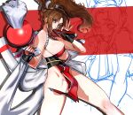  1girl arm_guards bare_shoulders breasts brown_eyes brown_hair cleavage fatal_fury folded_fan folding_fan hand_fan high_ponytail highres holding holding_fan japanese_clothes large_breasts long_hair looking_at_viewer ninja pelvic_curtain ponytail redgray21st revealing_clothes rope shiranui_mai sideboob smile snk solo the_king_of_fighters thighs 