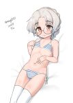  1girl absurdres bikini blue_bikini brown_eyes dated feet_out_of_frame flat_chest glasses grey_hair highres hirato_(kancolle) kantai_collection looking_at_viewer lying maru_(marg0613) one-hour_drawing_challenge round_eyewear short_hair side-tie_bikini_bottom smile solo striped_bikini striped_clothes swimsuit thighhighs twitter_username white_thighhighs 