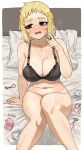  absurdres after_sex bags_under_eyes blonde_hair blush bo_(bocky0w0) bottomless bra breasts condom condom_wrapper cookie_(touhou) gogogo_(cookie) highres large_breasts sharp_teeth sitting sweat teeth underwear used_condom used_tissue 