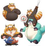 anthro belly blush canid canine canis carrying cetacean clothing domestic_dog dragon embarrassed embrace fox fur grey_body grey_fur group harima hug iyo_(tamacolle) kigurumi male male/male mammal marine melee_weapon novembe41511045 nude onesie orange_body orange_fur oumi_(tamacolle) overweight piggyback shield sword tamacolle weapon
