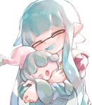  1girl blue_hair closed_eyes hatenna highres inkling_girl inkling_player_character long_hair open_mouth pointy_ears pokemon pokemon_(creature) simple_background smile solo splatoon_(series) teeth upper_body upper_teeth_only white_background yksb_inc6 