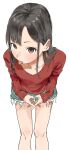  1girl :p black_hair brown_eyes collarbone commentary_request denim denim_shorts green_shorts hair_over_one_eye highres long_hair long_sleeves looking_at_viewer original red_sweater shorts simple_background solo standing sweater thighs tongue tongue_out white_background yamamoto_souichirou 