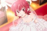  1girl :p bare_shoulders breasts bridal_veil bride church dress earrings fumiko_(mesushi) jewelry looking_at_viewer red_eyes red_hair short_hair solo strapless strapless_dress tongue tongue_out veil wedding wedding_dress white_dress 