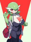 2024 3_fingers black_clothing breasts cleavage clothed clothing collarbone drunk_oak female fingers gardevoir generation_3_pokemon green_fingers green_hair hair hi_res humanoid nintendo pokemon pokemon_(species) purse solo tongue