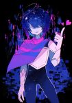 1other abstract_background androgynous arm_at_side armor black_background blue_bodysuit blue_hair blue_skin bodysuit bodysuit_under_clothes breastplate cape colored_skin cowboy_shot deltarune facing_viewer gauntlets halo hand_up highres index_finger_raised kris_(deltarune) no_eyes open_mouth other_focus pink_cape shaded_face short_hair signature smile solo standing takenaka_(takenaka1111) 