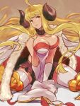  1girl ahoge anila_(granblue_fantasy) blonde_hair breasts cape choker cleavage commentary_request curled_horns draph elbow_gloves fur-trimmed_cape fur_trim gloves granblue_fantasy highres horns large_breasts long_hair looking_at_viewer pelvic_curtain ribbon-trimmed_skirt ribbon_trim sheep_horns sitting skirt solo thighhighs wariza white_gloves yellow_eyes yuenibushi 