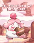  blurry blurry_background bright_pupils chocolate closed_mouth commentary english_text highres holding kelvin-trainerk no_humans pink_eyes pokemon pokemon_(creature) slurpuff smile solo tongue tongue_out twitter_username watermark white_pupils 