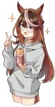  1girl animal_ears bespectacled blush brown_hair can cowboy_shot cropped_legs drink_can food fruit glasses grey_hoodie hair_between_eyes highres holding holding_can hood hoodie horse_ears horse_girl horse_tail ido_(teketeke) long_hair long_sleeves mandarin_orange multicolored_hair open_mouth pun purple_eyes simple_background smile soda_can solo sparkle symboli_rudolf_(umamusume) tail two-tone_hair umamusume white_background white_hair 