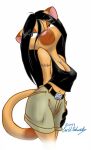 2013 anthro arm_tattoo belt black_hair bottomwear breasts camisole cathy_kitana cleavage clothed clothing digital_drawing_(artwork) digital_media_(artwork) dipstick_tail domestic_cat eric_schwartz facial_markings felid feline felis female fur hair hand_behind_back hand_on_hip head_markings jewelry lidded_eyes long_hair looking_aside mammal markings medium_breasts midriff navel navel_piercing necklace nipple_outline no_bra piercing pink_nose pinup portrait pose shorts signature simple_background solo tail tail_markings tan_body tan_fur tattoo three-quarter_portrait white_background