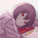  1girl absurdres blunt_bangs blush bob_cut desk dot_nose english_commentary eraser highres hood hood_down hoodie hunched_over long_hair_between_eyes long_sleeves looking_at_viewer looking_to_the_side mmpro2474 notebook pencil pink_eyes pink_hair pink_hoodie resting rock_na_kimi_to_wa_owakare_da short_hair simple_background sitting smile solo tuyu_(band) upper_body white_background wooden_pencil 