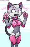 &lt;3 android anthro breasts clitoris collar dialogue digitigrade_anthro domestic_cat double_v_sign electrical_plug_tail embedded_penetrable_sex_toy english_text eye_roll eyebrows felid feline felis female genitals gesture grey_body hand_gesture heart_collar led_light machine mammal nipples open_mouth open_smile pedrohspacewolfy penetrable_sex_toy pink_body pink_collar pink_eyebrows pink_eyes pink_nose pussy robot robot_anthro sex_toy smile solo text tongue tongue_out v_sign