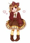  :d ahoge blush bolo_tie boots bow brown_footwear brown_hair child dress full_body hair_bow hair_ornament hair_ribbon happy heart heart_hair_ornament highres looking_at_viewer open_mouth original pantyhose print_legwear purple_eyes ribbon shiratama_(mofutto) short_hair simple_background sleeves_past_wrists smile snowflake_hair_ornament snowflake_print snowflakes solo standing sweater white_background yellow_legwear 