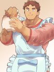  1boy affectionate animal apron bara blue_apron brown_hair cleft_chin cowboy_shot dark-skinned_male dark_skin dog facial_hair highres holding holding_animal inukai_komugi inukai_komugi_(dog) inukai_tsuyoshi male_focus mature_male muscular muscular_male pectoral_cleavage pectorals precure puppy sawch_cls short_hair sideburns_stubble simple_background smile solo standing stubble tareme thick_eyebrows wonderful_precure! 