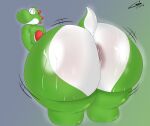 absurd_res anus bent_over big_butt big_nose bodily_fluids butt crossed_arms dinosaur hi_res huge_butt looking_back male mario_bros motion_lines nintendo presenting presenting_hindquarters reptile scalie shaking_butt short_tail smile solo sweat tail thick_thighs voidbeerfloat yoshi