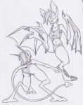 action_pose anthro bat bat_wings breasts cleavage clothed clothing dreamkeepers duo female forlornnix greyscale hair lizard mammal membrane_(anatomy) membranous_wings monochrome namah_calah navel panties pose rear_view reptile scalie shirt spade_tail tail tank_top topwear underwear vanth winged_arms wings
