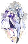  1boy 1girl :d arm_up black_footwear blue_eyes blue_footwear blue_hair blue_jacket blue_pants blue_sleeves closed_mouth detached_collar detached_sleeves dress gloves gradient_hair head_tilt high_heels holding_hands honkai:_star_rail honkai_(series) jacket leaning_to_the_side long_hair looking_at_viewer multicolored_hair open_mouth pants purple_hair robin_(honkai:_star_rail) shoes short_hair short_sleeves side-by-side simple_background smile strapless strapless_dress sudachips sunday_(honkai:_star_rail) white_background white_dress white_gloves 