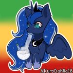  blue_hair bong green_eyes kurodahlia18 luna_(my_little_pony) marijuana moon_(ornament) my_little_pony pony_(animal) smoke smoking smoking_pipe unicorn wings 