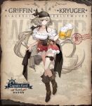 1girl alcohol anchor_ornament artist_request bandana beer beer_mug black_bandana black_ribbon boots breasts brown_corset brown_footwear brown_hair character_name closed_mouth commentary copyright_name corset cup dagger dirndl english_commentary full_body german_clothes girls&#039;_frontline hair_ribbon high_heel_boots high_heels highres holding holding_cup jewelry knife kord_(captain_kord)_(girls&#039;_frontline) kord_(girls&#039;_frontline) large_breasts light_brown_hair long_hair looking_at_viewer mug necklace off-shoulder_shirt off_shoulder official_alternate_costume official_art plaid plaid_skirt poster_(object) red_eyes red_skirt ribbon second-party_source sheath shirt skirt smile solo stamp_mark standing star_(symbol) thigh_pouch very_long_hair wanted weapon 