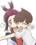  2boys :d black_hair blush brown_hair closed_eyes closed_mouth commentary_request florian_(pokemon) heart jacket kieran_(pokemon) male_focus mole mole_on_neck multicolored_hair multiple_boys off_shoulder open_mouth pokemon pokemon_sv purple_hair riko_(m_momomo28) shirt short_hair short_sleeves sleeveless sleeveless_shirt smile spoken_blush spoken_heart tank_top tongue two-tone_hair upper_body white_background white_jacket white_shirt yellow_eyes 