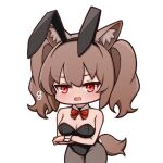  1girl angelina_(arknights) animal_ear_fluff animal_ears arknights arms_under_breasts bare_shoulders black_hairband black_leotard blush bow breasts brown_hair brown_pantyhose chibi cleavage collar detached_collar fake_animal_ears flying_sweatdrops hair_between_eyes hairband leotard lxjun_09 medium_breasts nose_blush open_mouth pantyhose playboy_bunny rabbit_ears red_bow red_eyes simple_background solo strapless strapless_leotard tail twintails white_background white_collar wing_collar wrist_cuffs 
