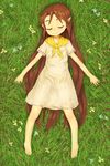  absurdres bad_id bad_pixiv_id barefoot brown_hair child closed_eyes dress grass hayake_(chenran) highres long_hair lying malon on_back pointy_ears sleeping smile solo the_legend_of_zelda the_legend_of_zelda:_ocarina_of_time very_long_hair 