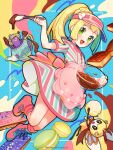  1girl :d apron blonde_hair boots braid candice_(palentine&#039;s_2024)_(pokemon) candice_(pokemon) candice_(pokemon)_(cosplay) chocolate commentary_request cosplay dress eyelashes green_eyes highres kinocopro knees lillie_(pokemon) long_hair mixing_bowl open_mouth pink_apron pink_footwear pink_headwear pokemon pokemon_(creature) pokemon_masters_ex pokemon_sm polteageist ponytail ribombee short_sleeves smile tongue visor_cap waist_apron 