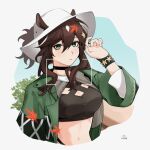  1girl absurdres animal_ear_fluff animal_ears arknights black_shirt blue_sky bracelet brown_hair bush cleavage_cutout clothing_cutout commentary_request crop_top cross-laced_clothes cross-laced_top ears_through_headwear frown green_eyes hand_up hat highres horse_ears horse_girl jewelry meteor_(arknights) meteor_(bard&#039;s_holiday)_(arknights) official_alternate_costume shirt simple_background sky solo suika_aji upper_body viewfinder white_background white_headwear 
