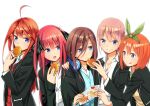  5girls :q absurdres ahoge black_jacket black_ribbon blazer blue_cardigan blue_eyes blunt_bangs butterfly_hair_ornament cardigan collared_shirt commentary_request eating feeding food go-toubun_no_hanayome green_ribbon hair_between_eyes hair_ornament hair_ribbon hand_on_another&#039;s_shoulder headphones headphones_around_neck highres holding holding_food jacket long_hair long_hair_between_eyes multiple_girls nakano_ichika nakano_itsuki nakano_miku nakano_nino nakano_yotsuba orange_hair pink_hair pink_nails quintuplets raaayama red_hair red_sweater_vest ribbon school_uniform shirt short_hair side-by-side smile star_(symbol) star_hair_ornament sweater_vest tongue tongue_out two_side_up white_background white_shirt 