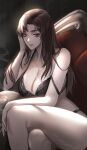  1girl breasts brown_eyes brown_hair chair cigarette cleavage dark_background highres holding holding_cigarette ieiri_shoko jujutsu_kaisen lingerie long_hair looking_at_viewer mole mole_under_eye sitting solo strap_slip thick_thighs thighs tommy_(kingdukeee) underwear 