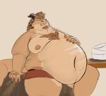 anthro belly big_belly bloated clothed clothing dragon facial_hair goatee male moobs navel nipples overweight scalie solo tcw topless weight_gain