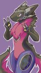 4_fingers anthro black_body black_fur claws colored_nails female fingers fur gesture hand_gesture hi_res juli_(zylos) nails pink_body pink_fur pppanth primagen purple_background rainbow_nails simple_background smile solo tail tongue tongue_out v_sign
