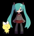  1girl animal aqua_eyes aqua_hair asuinui black_background black_footwear black_pantyhose bow bowtie brown_jacket buttons cat closed_mouth collared_shirt cosplay expressionless funamusea funamusea_(style) hair_over_one_eye hatsune_miku hatsune_miku_(cosplay) headphones jacket kurai_yonaka long_hair looking_at_viewer mogeko_(mogeko_castle) mogeko_castle pantyhose parody plaid plaid_bow plaid_bowtie plaid_skirt red_bow red_bowtie red_skirt shirt simple_background skirt sleeves_past_fingers sleeves_past_wrists solo_focus style_parody twintails vocaloid white_shirt 