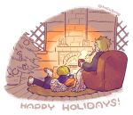  2boys aged_down armchair artist_name blanket blonde_hair braid braided_beard brick_wall candle carpet chair child christmas christmas_ornaments christmas_tree commentary cup facial_hair fireplace from_behind happy_holidays holding holding_cup legs_up lying mitsubachi_koucha multiple_boys on_stomach one_piece pants pillow red-leg_zeff sanji_(one_piece) sitting socks steam sweater 
