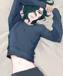  anlinwww green_hair highres hwei_(league_of_legends) league_of_legends long_sleeves male_focus navel one_eye_covered pink_eyes shirt 
