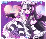  1girl beatmania_iidx black_bow black_dress black_gloves black_hair black_nails black_wings blush bow bracelet breasts demon_wings dress fangs fingerless_gloves fingernails frilled_dress frills gloves hair_bow head_wings headdress headphones heart heterochromia highres jewelry long_fingernails long_hair multicolored_clothes multicolored_dress multicolored_hair nail_polish open_mouth pantyhose purple_eyes sharp_fingernails shoes small_breasts smile solo spiked_anklet spiked_bracelet spikes star_(symbol) striped_clothes striped_pantyhose two-tone_hair white_dress white_footwear white_hair wings yoma_(lycoris109) 
