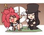  1girl 1other ascot baiken big_hair black_hair breasts chibi closed_eyes cup eyepatch facial_tattoo guilty_gear guilty_gear_strive hat hat_ornament highres holding holding_cup japanese_clothes kimono large_breasts long_hair multicolored_clothes multicolored_kimono pink_hair samurai scar scar_across_eye skull_hat_ornament tattoo teacup testament_(guilty_gear) top_hat torn_sleeve white_ascot 