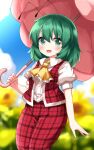  1girl antennae ascot blurry blush collared_shirt commentary_request cosplay depth_of_field field flower flower_field green_eyes green_hair highres holding holding_umbrella kazami_yuuka kazami_yuuka_(cosplay) kazami_yuuka_(pc-98) long_hair looking_at_viewer open_clothes open_mouth open_vest pants parasol plaid plaid_pants plaid_vest puffy_short_sleeves puffy_sleeves red_pants red_vest ruu_(tksymkw) shirt short_sleeves skirt skirt_set smile solo sunflower sunflower_field touhou touhou_(pc-98) umbrella vest white_shirt wriggle_nightbug yellow_ascot 