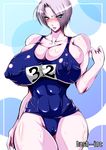  bash-inc blue_eyes blush breasts erect_nipples female gigantic_breasts highres huge_breasts isabella_valentine large_breasts lips lipstick makeup namco nipples puffy_nipples purple_lipstick short_hair soul_calibur sweat swimsuit 