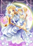  blonde_hair blue_eyes boots crescent crescent_moon crown curly_hair dress facial_mark forehead_mark full_body gloves head_wings heart jewelry knee_boots long_hair moon necklace panel_de_pon ruitan_(rrruitan) seren_(panel_de_pon) smile solo sparkle staff white_dress 