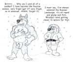 anthro badger belt black_nose boots bruce_(brucebadger) brucebadger canid canine canis claws clothed clothing coat cold dialogue domestic_dog duo english_text exile_(road_rovers) footwear freezing fully_clothed genitals greyscale holding_chest humanoid_genitalia humanoid_penis humor husky licking licking_lips male male/male mammal monochrome mustelid musteline nordic_sled_dog nude open_mouth parka penis pun siberian_husky snow snow_shoes snowflake spitz teeth_clattering teeth_showing text tongue tongue_out topwear