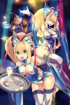  1boy 2girls absurdres animal_ears antenna_hair armpits azure_striker_gunvolt azure_striker_gunvolt_2 bent_over blonde_hair braid braided_ponytail breasts butterfly_hair_ornament cleavage clone cup detached_sleeves dress drinking_glass green_eyes hair_ornament high_ponytail highres idol leotard long_hair lumen_(gunvolt) medium_breasts multicolored_hair multiple_girls oeillet_vie open_mouth pink_hair pole pole_dancing ponytail rabbit_ears revealing_clothes smile stripper_pole teeth thighhighs time_paradox upper_teeth_only white_dress white_thighhighs wine_glass 